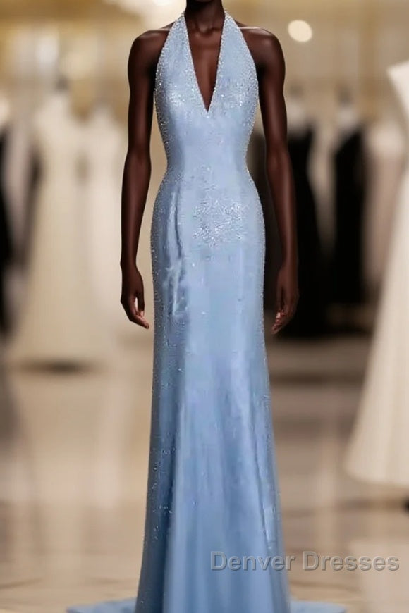 Vintage Mermaid Halter Neck Blue Sequin Prom Gown Fairy Prom Dress Main image