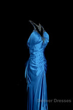 Vintage Mermaid Halter Neck Royal Blue Satin Backless Prom Gown Fairy Prom Dress