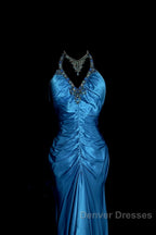 Vintage Mermaid Halter Neck Royal Blue Satin Backless Prom Gown Fairy Prom Dress