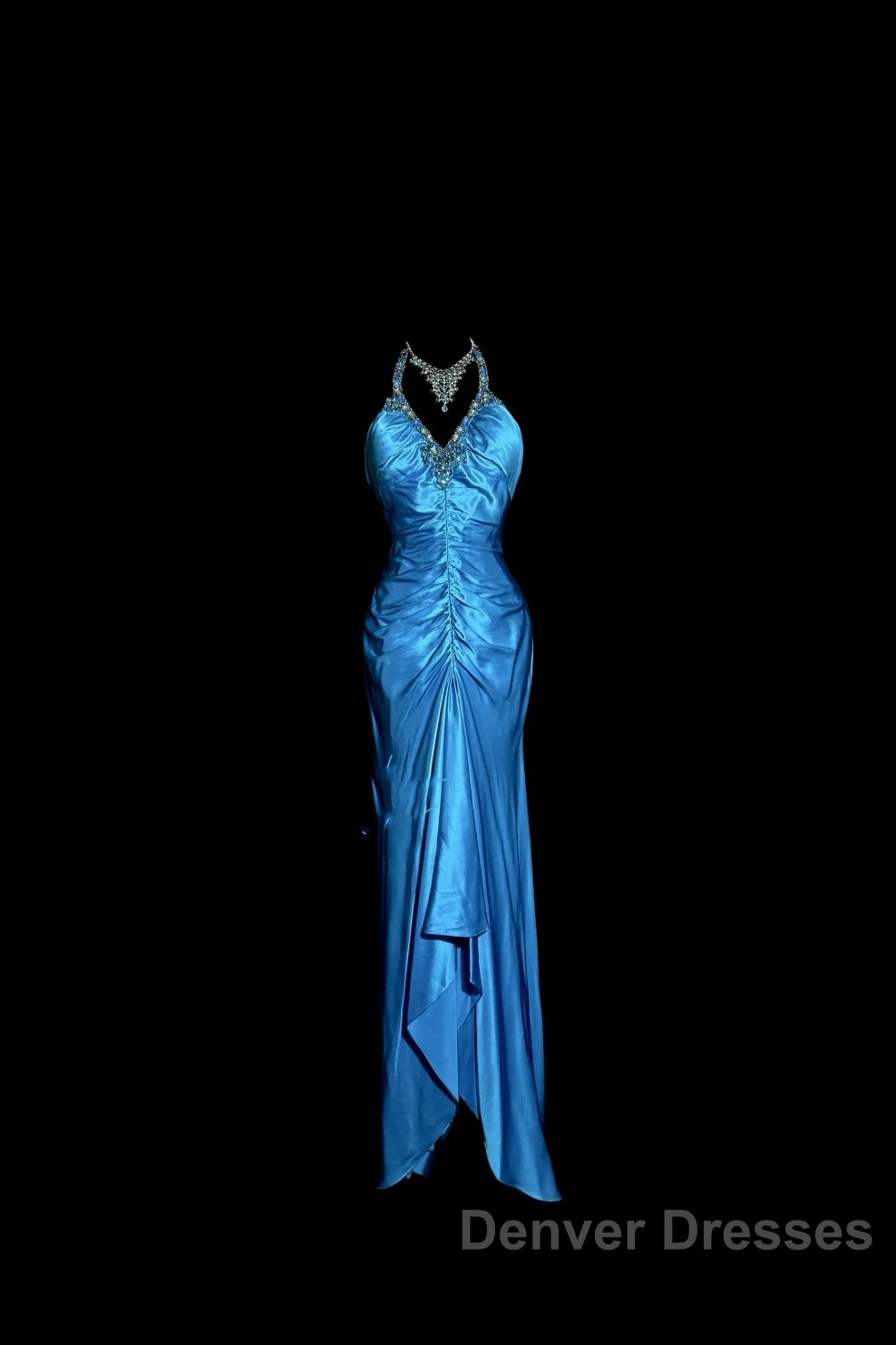 Vintage Mermaid Halter Neck Royal Blue Satin Backless Prom Gown Fairy Prom Dress