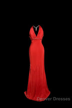 Vintage Mermaid Halter Satin Red Prom Gown Fairy Prom Dress