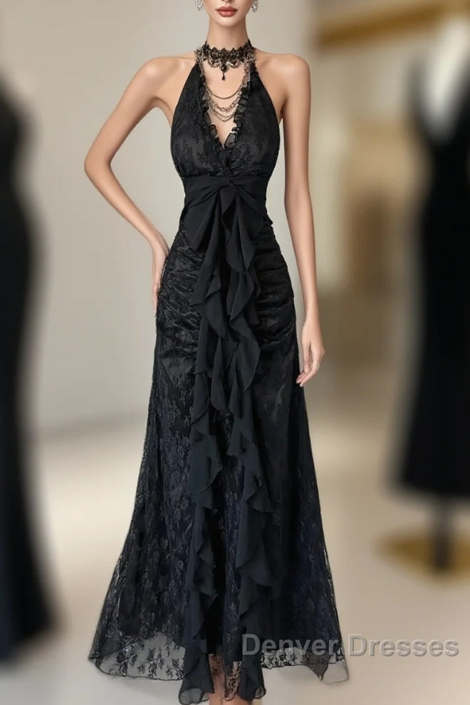 Vintage Mermaid Halter Sleeveless Long Black Lace Evening Dress Prom Dress Main image