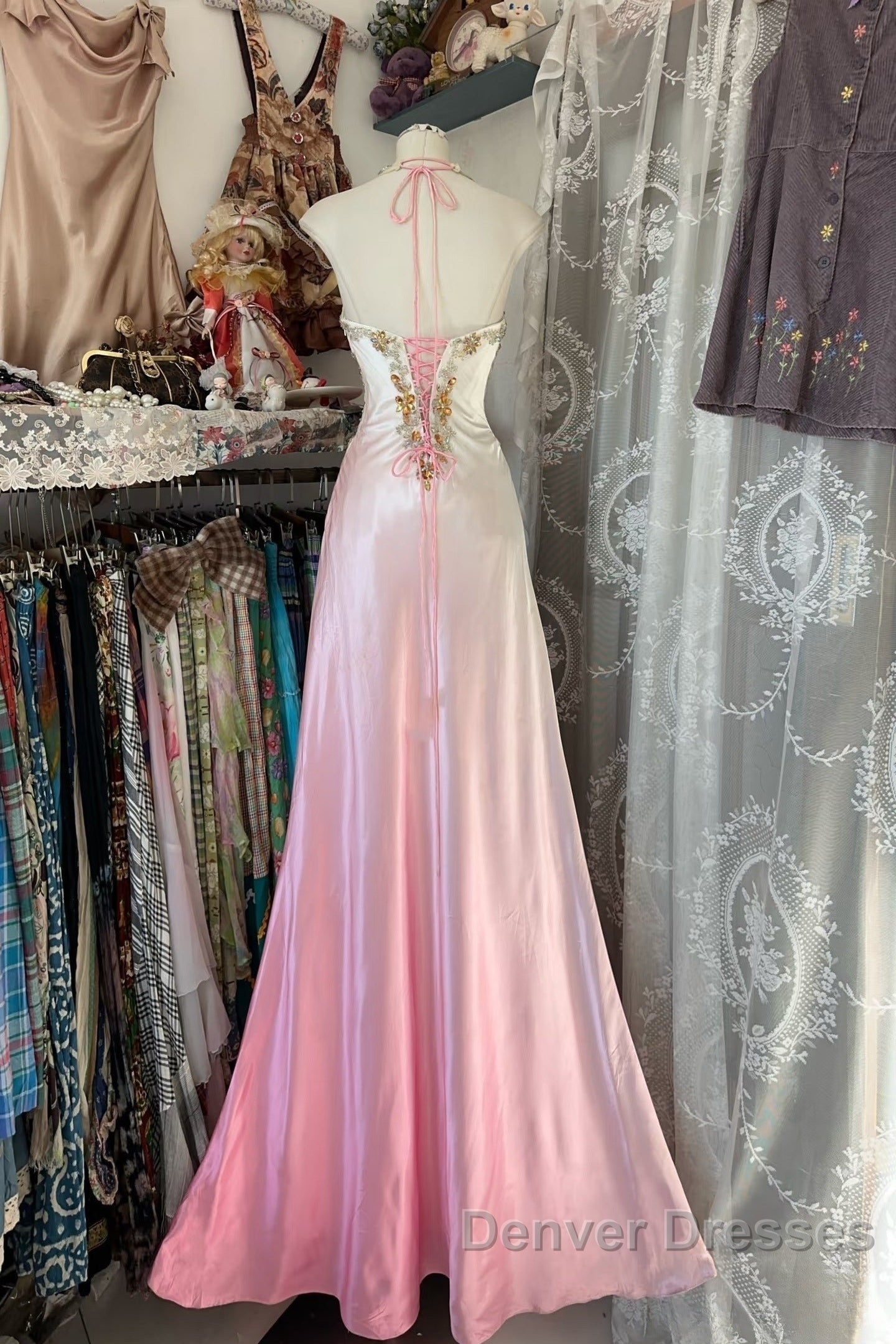 Vintage Mermaid Halter Sleeveless Long Ombre Pink Evening Dress Prom Dress Secondary image