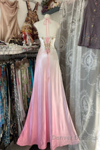 Vintage Mermaid Halter Sleeveless Long Ombre Pink Evening Dress Prom Dress
