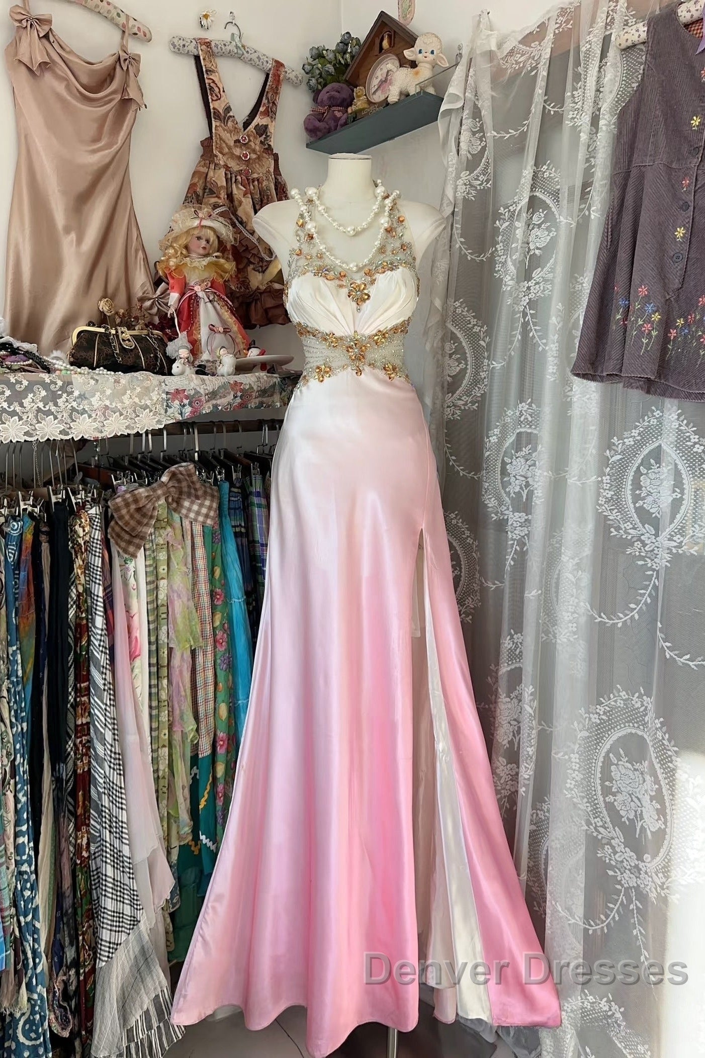 Vintage Mermaid Halter Sleeveless Long Ombre Pink Evening Dress Prom Dress