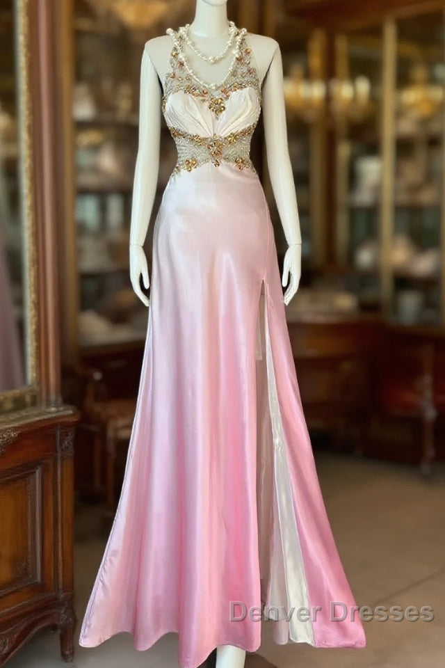 Vintage Mermaid Halter Sleeveless Long Ombre Pink Evening Dress Prom Dress