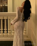 Vintage Mermaid Lace Prom Dress Elegant Apricot Square Collar Evening Party Gown