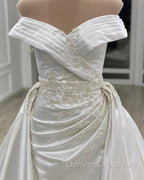 Vintage Mermaid Off Shoulder Wedding Dress Satin Embroidery