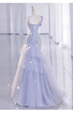 Vintage Mermaid One Shoulder Lilac Tulle Satin Long Prom Dress Party Dress