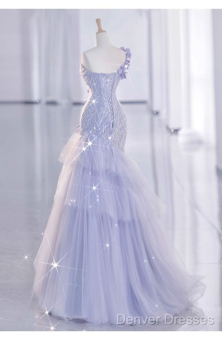 Vintage Mermaid One Shoulder Lilac Tulle Satin Long Prom Dress Party Dress