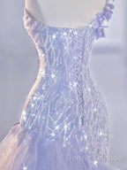 Vintage Mermaid One Shoulder Lilac Tulle Satin Long Prom Dress Party Dress