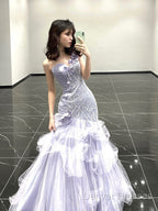 Vintage Mermaid One Shoulder Lilac Tulle Satin Long Prom Dress Party Dress