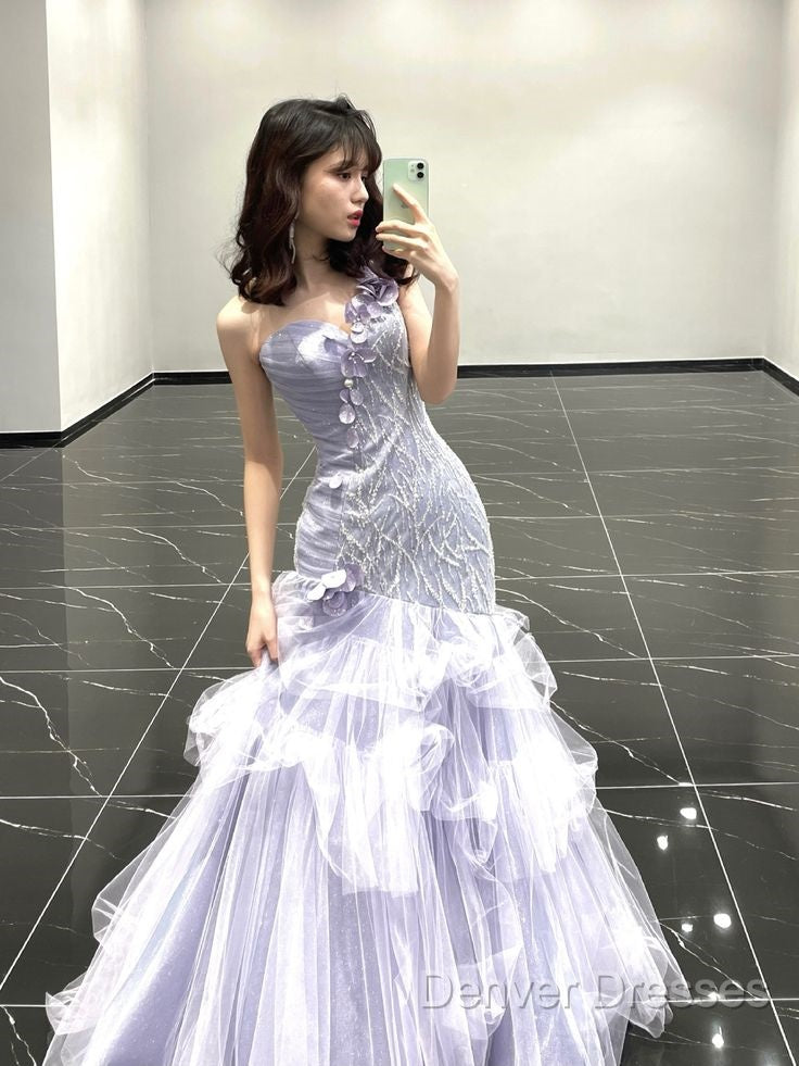 Vintage Mermaid One Shoulder Lilac Tulle Satin Long Prom Dress Party Dress