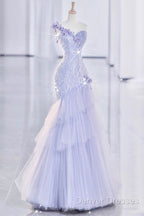 Vintage Mermaid One Shoulder Lilac Tulle Satin Long Prom Dress Party Dress