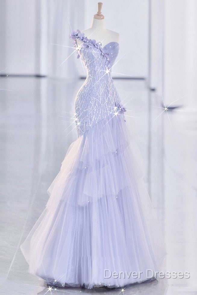 Vintage Mermaid One Shoulder Lilac Tulle Satin Long Prom Dress Party Dress