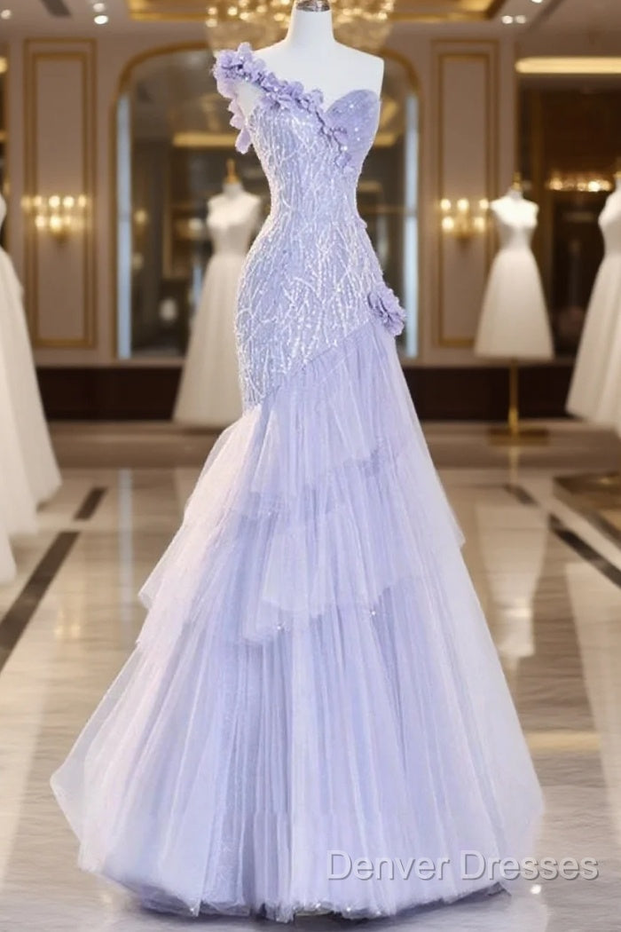 Vintage Mermaid One Shoulder Lilac Tulle Satin Long Prom Dress Party Dress
