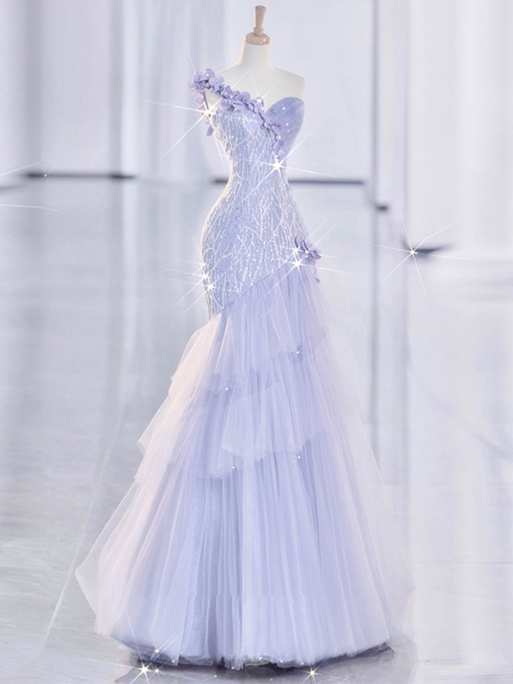 Vintage Mermaid One Shoulder Lilac Tulle Satin Long Prom Dress Party Dress Main image