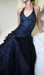 Vintage Mermaid Purple Lace Halter Prom Dress Long Evening Party Dress Prom Gowns