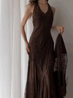 Vintage Mermaid Sleeveless Halter Brown Long Prom Dress