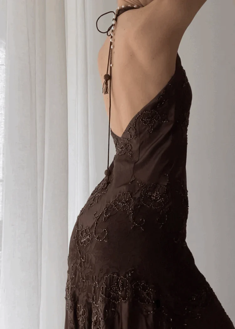 Vintage Mermaid Sleeveless Halter Brown Long Prom Dress