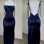 Vintage Mermaid Spaghetti Straps Custom Silk Satin Blue Long Prom Dress