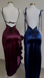 Vintage Mermaid Spaghetti Straps Custom Silk Satin Blue Long Prom Dress