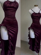 Vintage Mermaid Spaghetti Straps Custom Silk Satin Blue Long Prom Dress