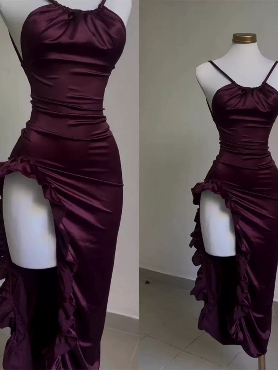Vintage Mermaid Spaghetti Straps Custom Silk Satin Blue Long Prom Dress