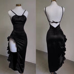Vintage Mermaid Spaghetti Straps Custom Silk Satin Blue Long Prom Dress