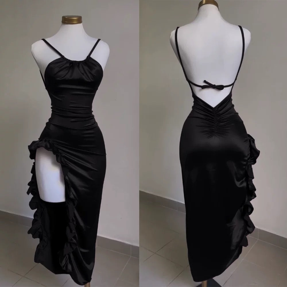 Vintage Mermaid Spaghetti Straps Custom Silk Satin Blue Long Prom Dress