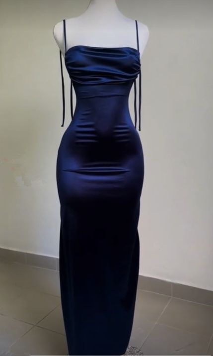 Vintage Mermaid Spaghetti Straps Custom Silk Satin Blue Long Prom Dress