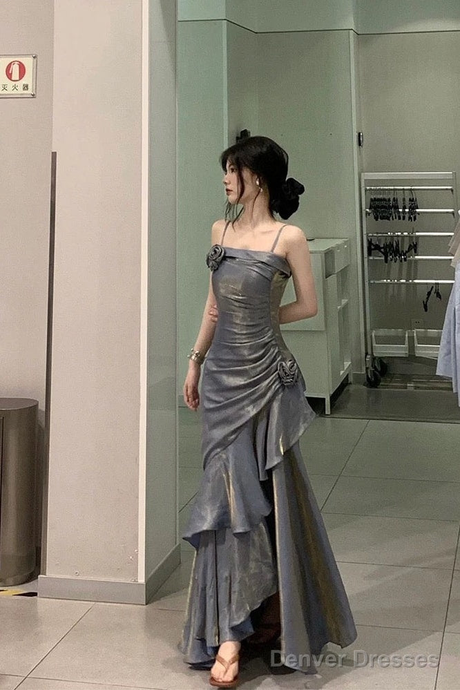 Vintage Mermaid Spaghetti Straps Gray Long Party Dresses Birthday Outfits