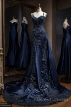 Vintage Mermaid Spaghetti Straps Navy Blue Satin Long Prom Dress Party Dress