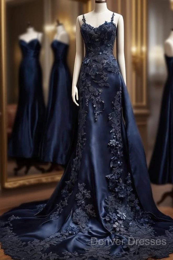 Vintage Mermaid Spaghetti Straps Navy Blue Satin Long Prom Dress Party Dress Main image