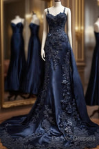Vintage Mermaid Spaghetti Straps Navy Blue Satin Long Prom Dress Party Dress