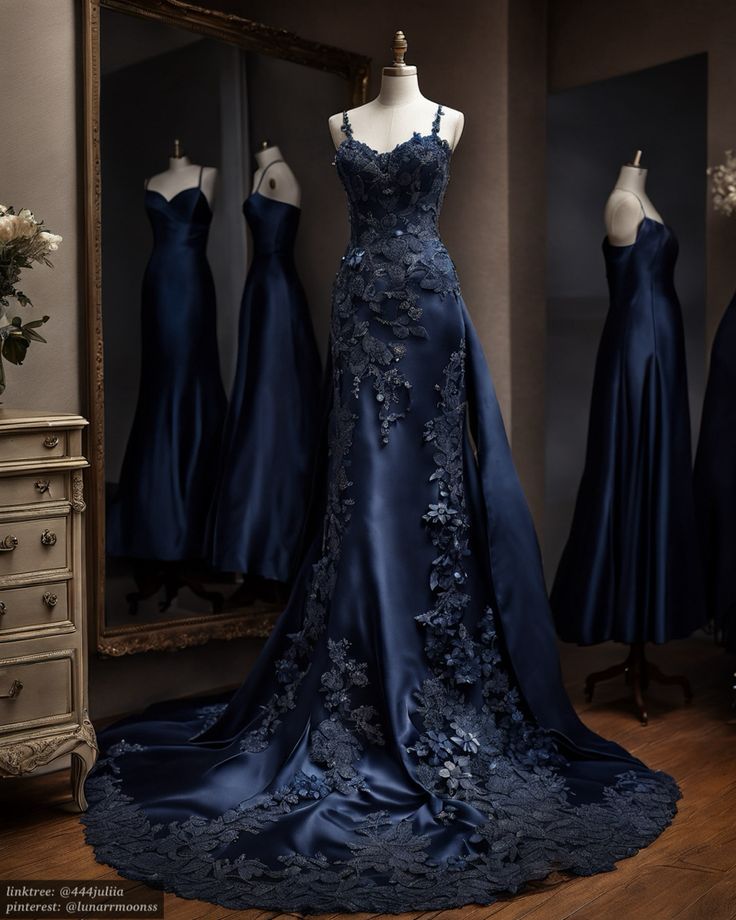 Vintage Mermaid Spaghetti Straps Navy Blue Satin Long Prom Dress Party Dress Main image