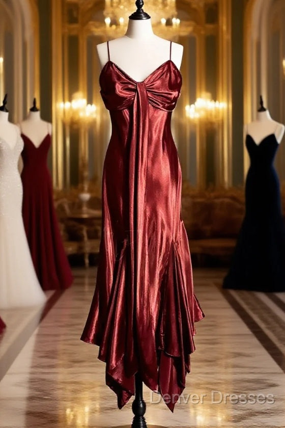 Vintage Mermaid Spaghetti Straps Satin Burgundy Prom Gown Fairy Prom Dress