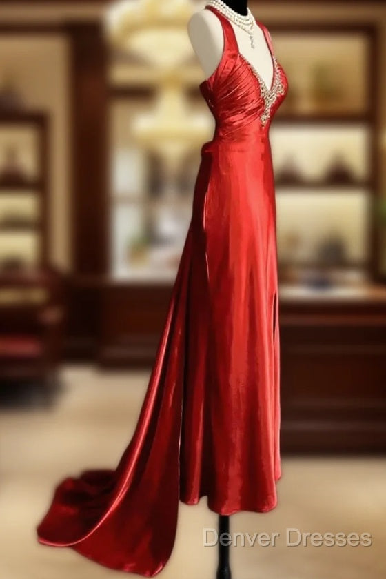Vintage Mermaid Spaghetti Straps Satin Red Prom Gown Fairy Prom Dress