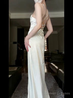 Vintage Mermaid Spaghetti Straps White Satin Long Birthday Dress Prom Dresses