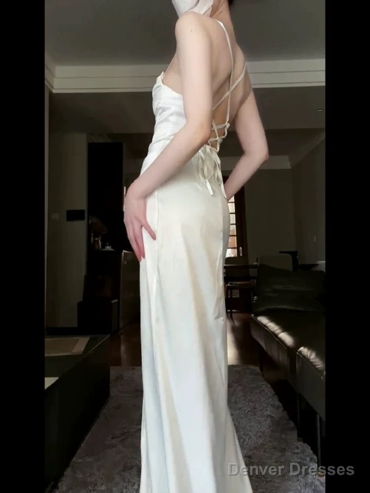 Vintage Mermaid Spaghetti Straps White Satin Long Birthday Dress Prom Dresses Secondary image