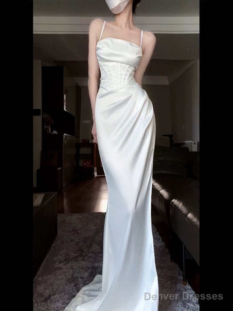 Vintage Mermaid Spaghetti Straps White Satin Long Birthday Dress Prom Dresses