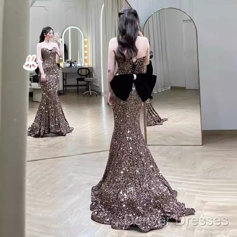 Vintage Mermaid Strapless Party Dress Long Sequin Prom Dress