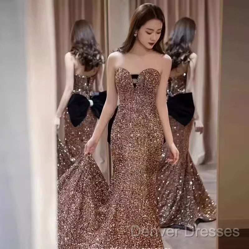 Vintage Mermaid Strapless Party Dress Long Sequin Prom Dress
