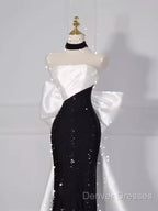 Vintage Mermaid Strapless Sequin Black Long Prom Dress Formal Dress