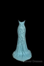 Vintage Mermaid Strapless Tulle Blue Beads Long Prom Gown Fairy Prom Dress