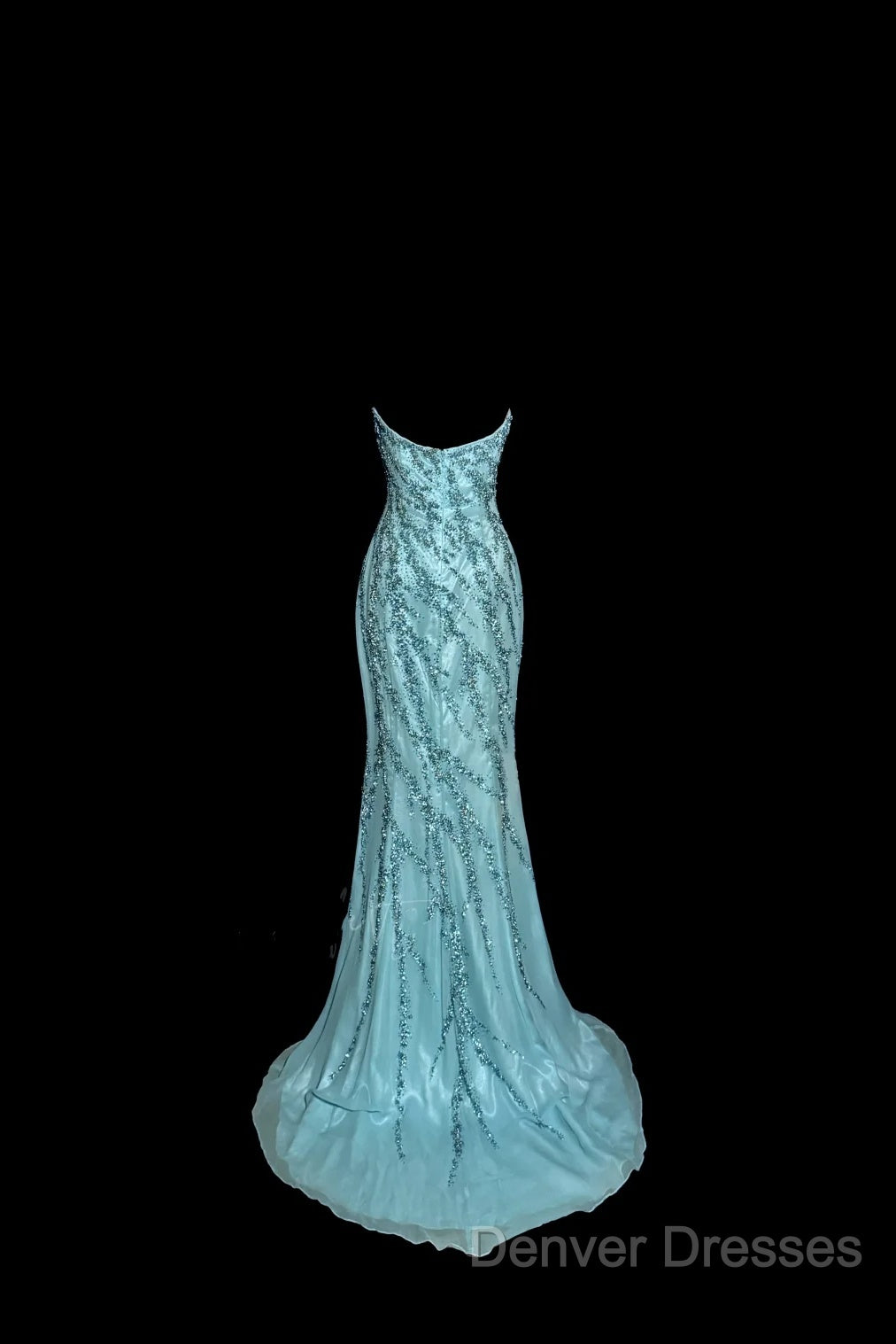 Vintage Mermaid Strapless Tulle Blue Beads Long Prom Gown Fairy Prom Dress