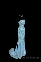 Vintage Mermaid Strapless Tulle Blue Beads Long Prom Gown Fairy Prom Dress