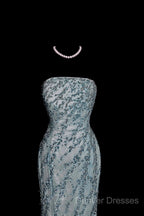 Vintage Mermaid Strapless Tulle Blue Beads Long Prom Gown Fairy Prom Dress