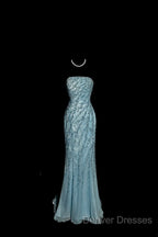 Vintage Mermaid Strapless Tulle Blue Beads Long Prom Gown Fairy Prom Dress