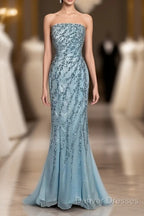Vintage Mermaid Strapless Tulle Blue Beads Long Prom Gown Fairy Prom Dress